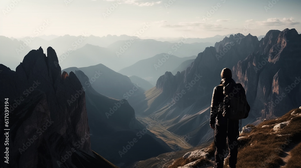 Fototapeta premium hiker at the summit of a mountain overlooking stunning scenery