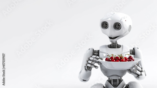 Robot eating cherry on solid white background, generative AI