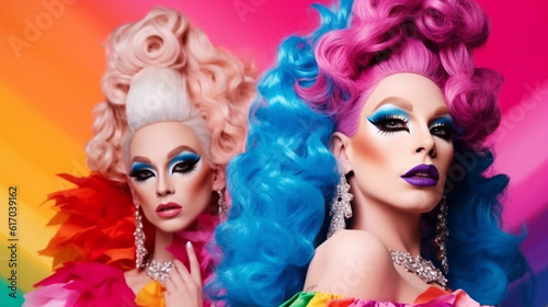 beautiful drag queens on colorful rainbow background