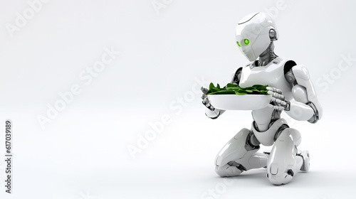 Robot eating green vegetable on solid white background, generative AI