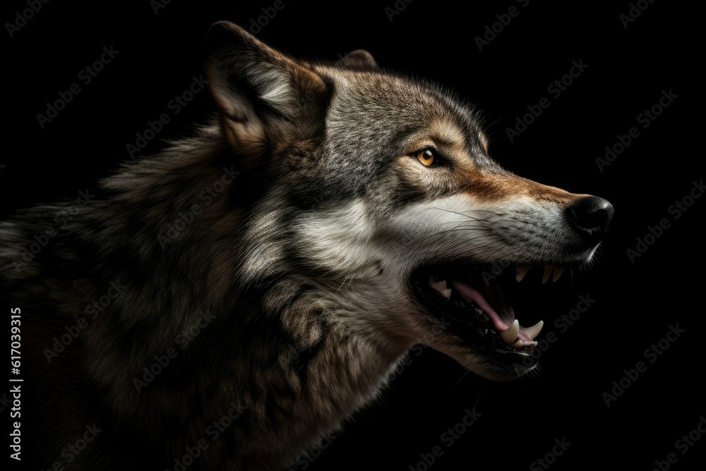 Fototapeta premium Brown wolf grins at the pack