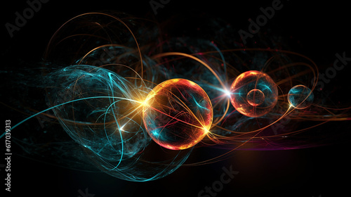 Particle, quantum entanglement (quantum correlation). Quantum mechanics . 3d illustration
