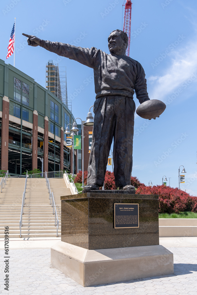 Green Bay, Wisconsin June 2, 2023 Earl L Curly Lambeau statue