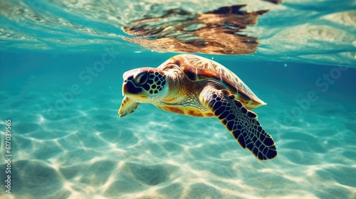 Turtles swimming under the sea