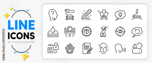 Paint roller, Waterproof and Brand contract line icons set for app include Recovery data, Health skin, Human sing outline thin icon. Eye target, Medical cleaning, Car charge pictogram icon. Vector