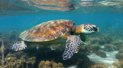 Turtles swimming under the sea