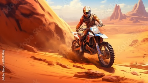 Illustration of dynamic extreme motocross on sand dunes. Generative Ai © bluebeat76