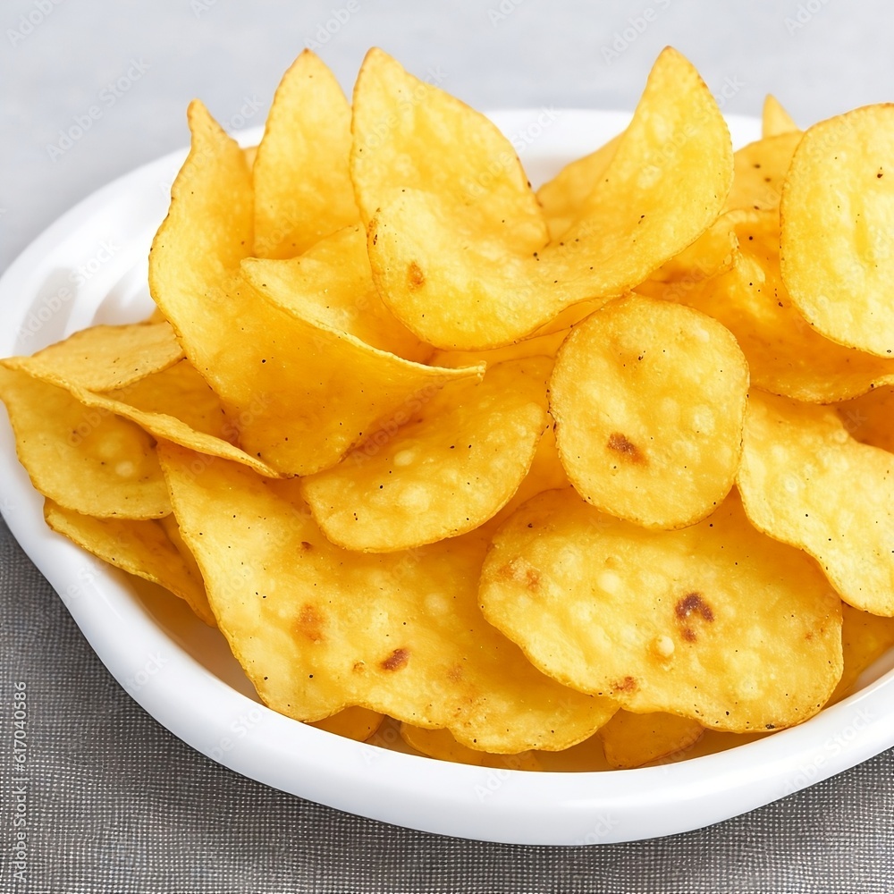 Crispy potato chips in a white plate on an old kitchen table Generative AI Crispy potato chips in a white plate on an old kitchen table Generative AI