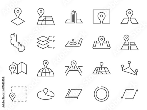 Area icon set. It included a map, zone, space, location, and more icons. Editable Vector Stroke.
