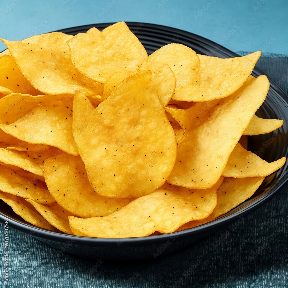Crispy potato chips in a wicker bowl on old kitchen table Generative AI Crispy potato chips in a wicker bowl on old kitchen table Generative AI