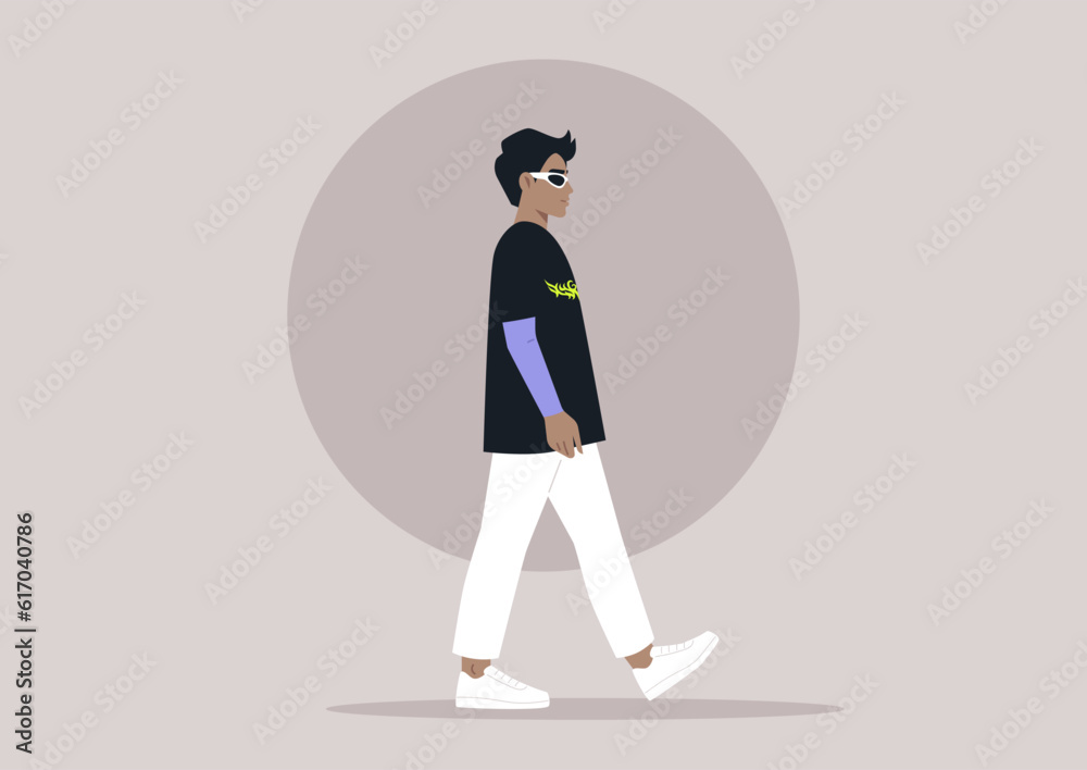 Fototapeta premium A young stylish character wearing fancy retro futuristic eye shades and a t-shirt with death metal logo