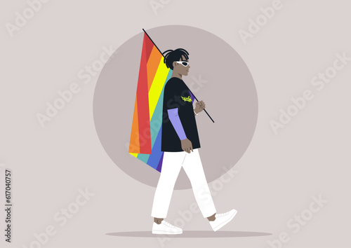 Pride month, rainbow flag carried by a young stylish character wearing fancy retro futuristic eye shades and a t-shirt with death metal logo