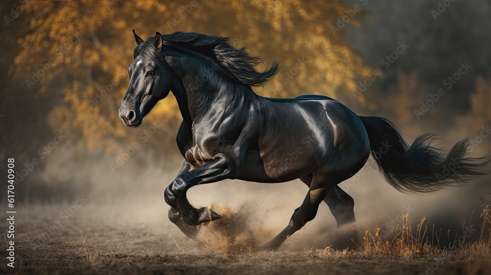 The gallant black horse is running