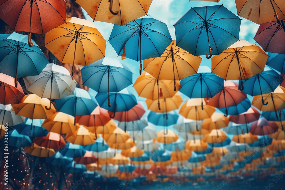 Obraz premium 空一面のカラフルな雨傘-日本の梅雨6月イメージ