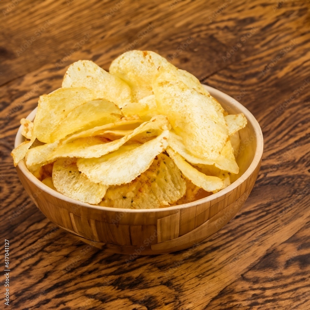 Crispy potato chips in a wicker bowl on old kitchen table Generative AI Crispy potato chips in a wicker bowl on old kitchen table Generative AI