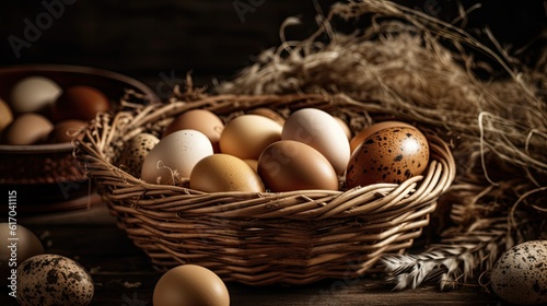 Eggs in a birch bark basket and a linen cloth on a dark background