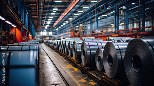 Fotografia, Obraz Rolls of galvanized steel sheet inside the factory or warehouse