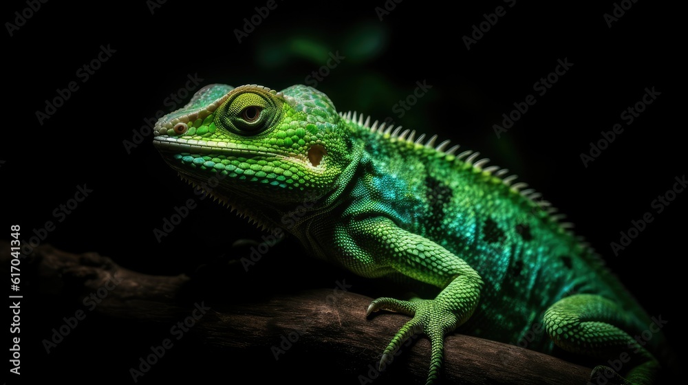 Fototapeta premium Lizard forest dragon on wood with black background, animal closeup