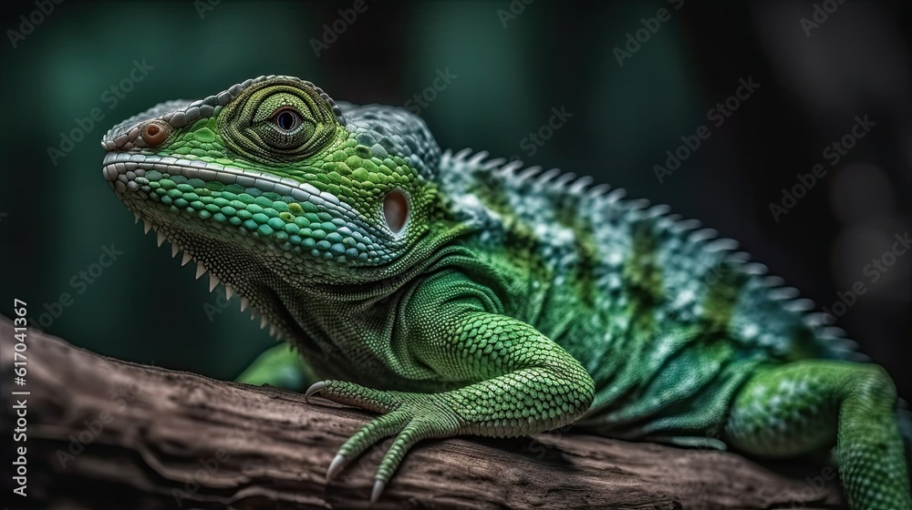 Lizard forest dragon on wood with black background, animal closeup