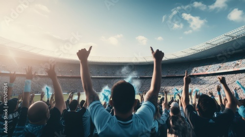 football Fans showhands celebration on big stadium during football game with blue sky, AI generative