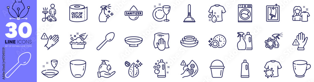 Clean bubbles, Hand sanitizer and Shampoo and spray line icons pack. Wash t-shirt, Coronavirus spray, Clean shirt web icon. Cleaning, Dishes, Toilet paper pictogram. Dirty mask. Vector Clean bubbles, Hand sanitizer and Shampoo and spray line icons pack. Wash t-shirt, Coronavirus spray, Clean shirt web icon. Cleaning, Dishes, Toilet paper pictogram. Dirty mask. Vector