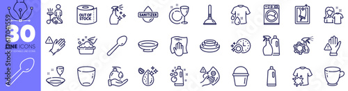 Clean bubbles, Hand sanitizer and Shampoo and spray line icons pack. Wash t-shirt, Coronavirus spray, Clean shirt web icon. Cleaning, Dishes, Toilet paper pictogram. Dirty mask. Vector