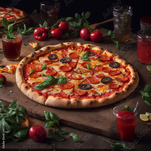Very tasty pizza on old wooden table with tomato decorate