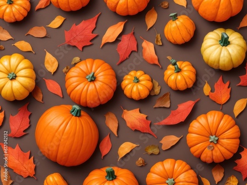 autumnal elements with pumpkins and leaves  AI generated