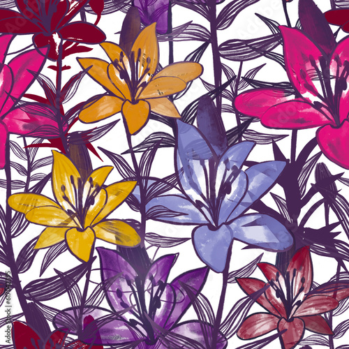 Seamless pattern with lily flowers and  leaves background. Colorful  exotic tropical garden for holiday invitation  greeting card and textile fashion design.
