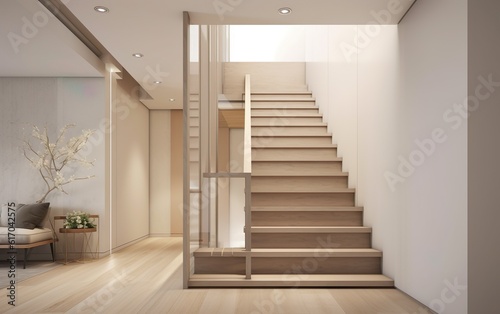 Staircase in a white house. AI, Generative AI © Stormstudio