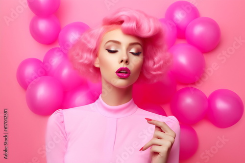 Emotion pink wig woman. Wide open mouth. Pink lips makeup Generative AI photo