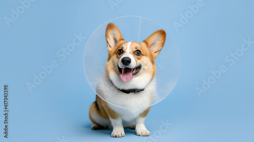 Corgi dog wearing a cone after surgery, Treatment
  on blue background. AI generation photo