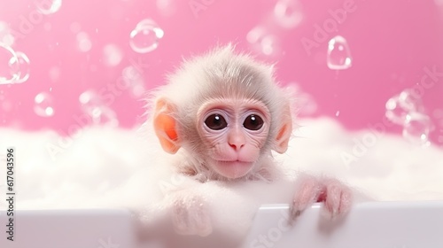 A cute monkey bathes in a bathtub on a pink background. AI generation