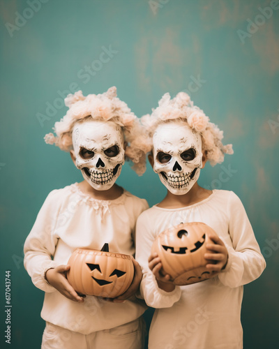 Generative ai young scary creepy and frightening young boy in halloween mask costume