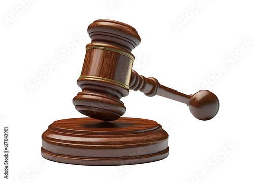 Wooden judge gavel on transparent background, decision mallet for court verdict, glossy auction hammer isolated with wood stand Ai generated