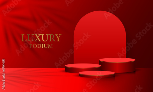 Realistic red cylinder 3D room pedestal podium set palm leaf shadow overlay minimal scene product display presentation stage for showcase vector