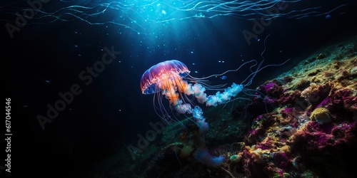 Glowing jellyfish deep underwater , concept of Bioluminescence, created with Generative AI technology photo