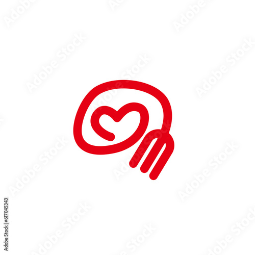 Love shape with a fork head for love meal logo design vector