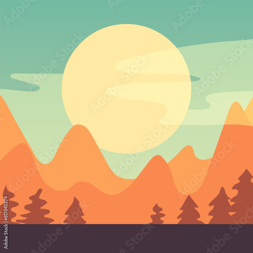 Summer landscape. Mountains  forest and sky. Vector clipart.