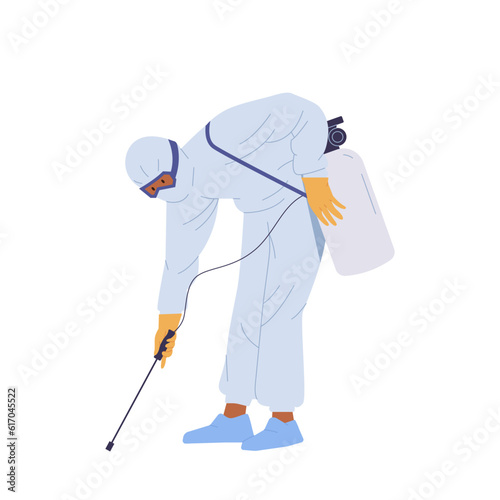 Isolated man sterilizing service worker cartoon character in white suit using spray gun equipment