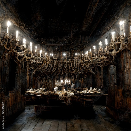 cavernous wooden viking dining hall with huge chandelier made of bones very detailed 8k 