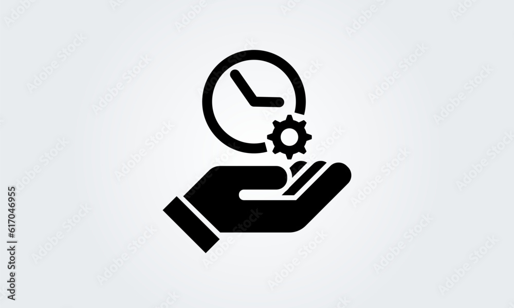 Time management icon. clock with cog wheel hand. Concept study, process,work Business gear. Vector illustration Time management icon. clock with cog wheel hand. Concept study, process,work Business gear. Vector illustration