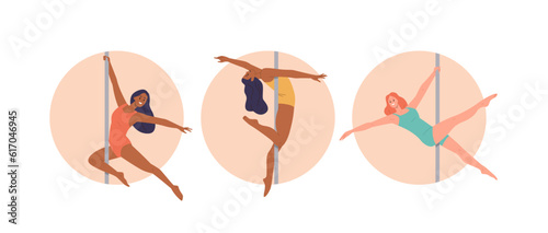 Round composition set with beautiful young woman pole dancer performing acrobatic element on pylon