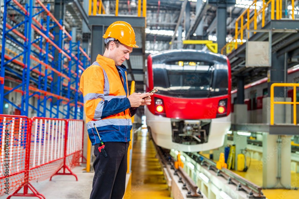 Caucasian male engineer wearing uniform and helmet standing holding smartphone typing social network responses in electric train maintenance station