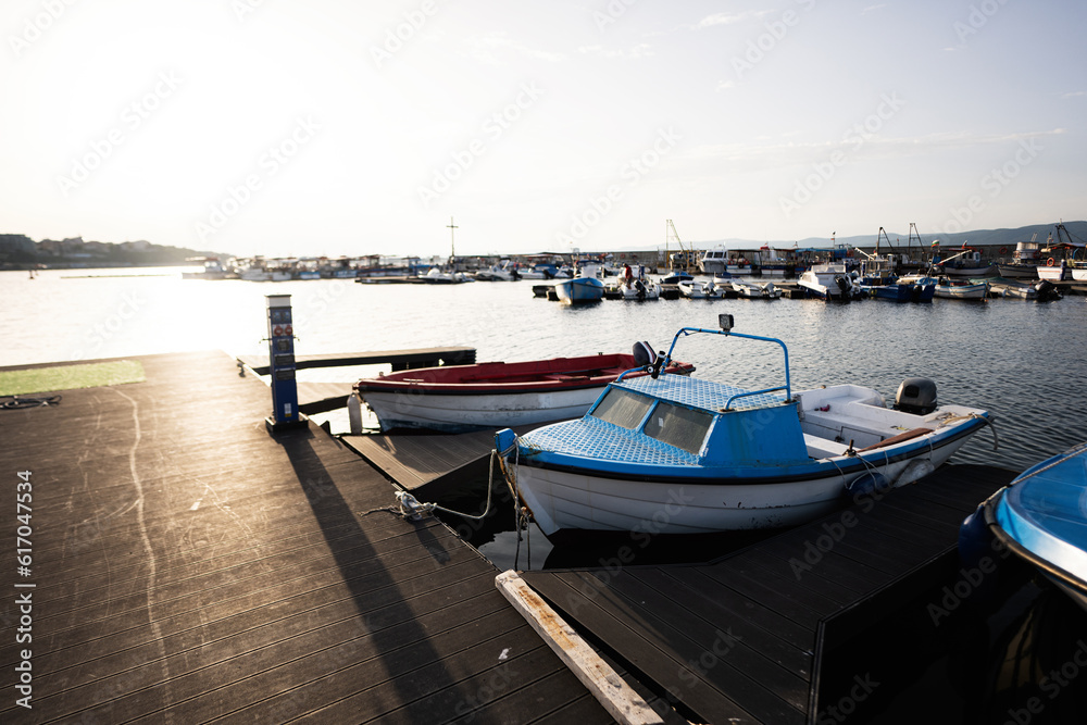 Fishing boats on the pier in the port of Nessebar.