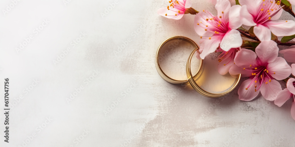 pink flowers and two golden wedding rings on white background Stock ...