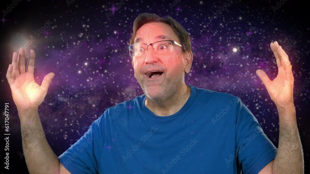 A man gives the mind blown meme gesture. Space background.  	