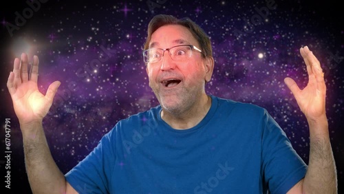 A man gives the mind blown meme gesture. Space background.  	 photo
