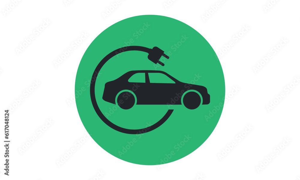 Electric car icon symbol, charging station, battery power and plug logotype, Eco friendly vehicle concept, Vector illustration