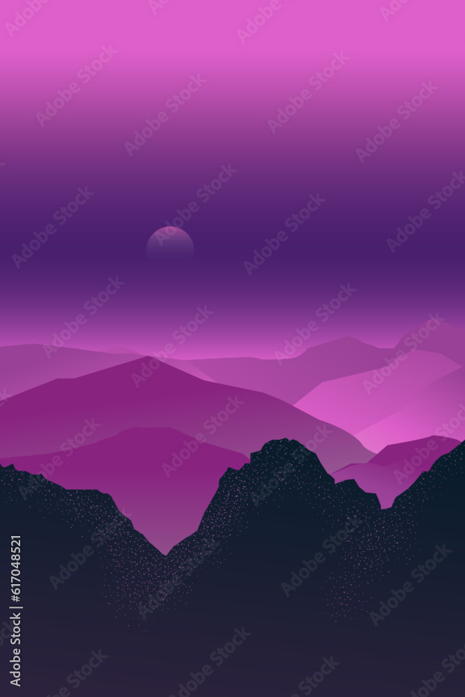 the landscape with violet mountains and purple sunset sky